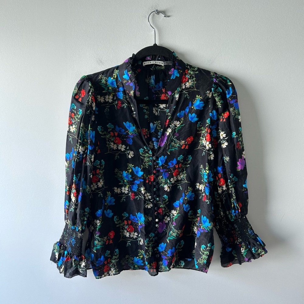 Alice + Olivia black floral printed cotton/silk blend top